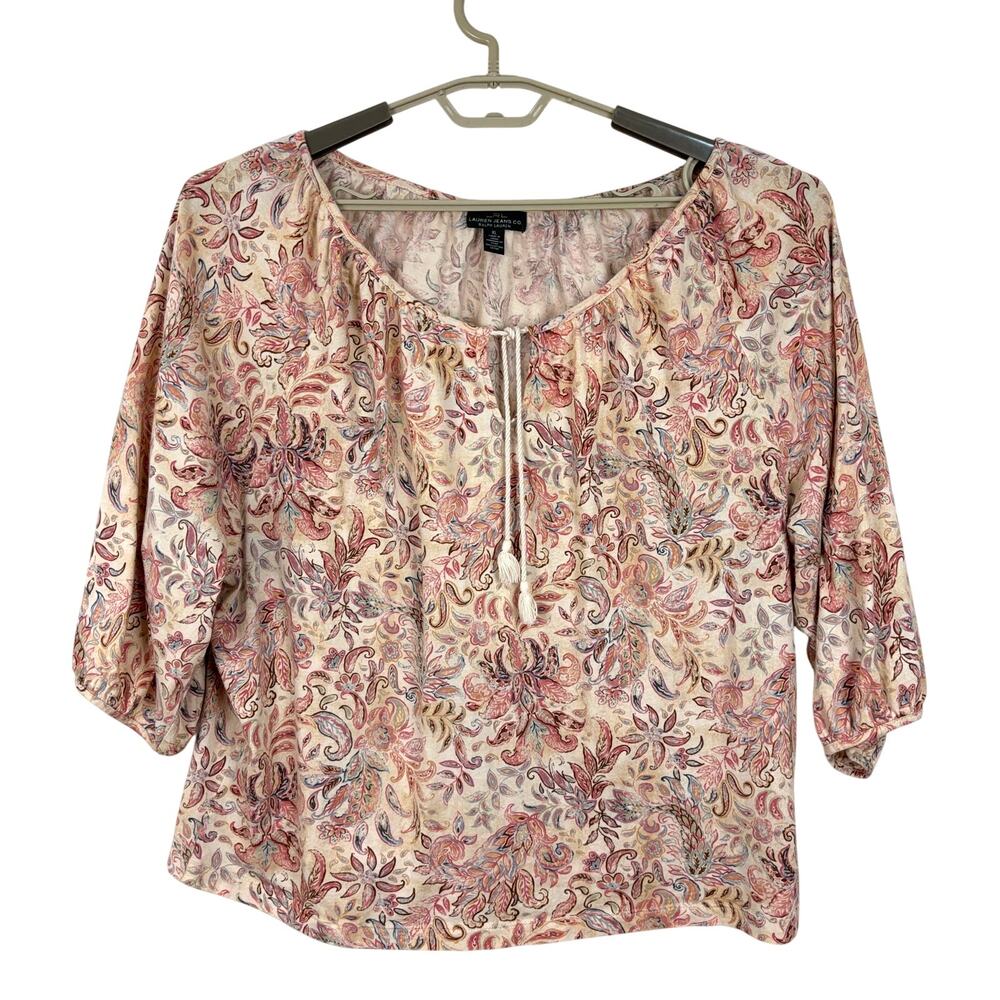 Lauren Ralph Lauren Paisley Pastel Boho Peasant Blouse XL cotton